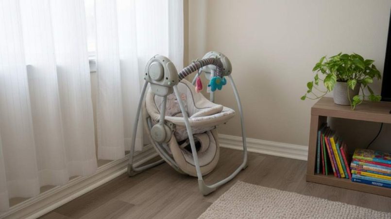 Folded Ingenuity Soothe ‘n Delight baby swing stored neatly in a small apartment corner for space efficiency