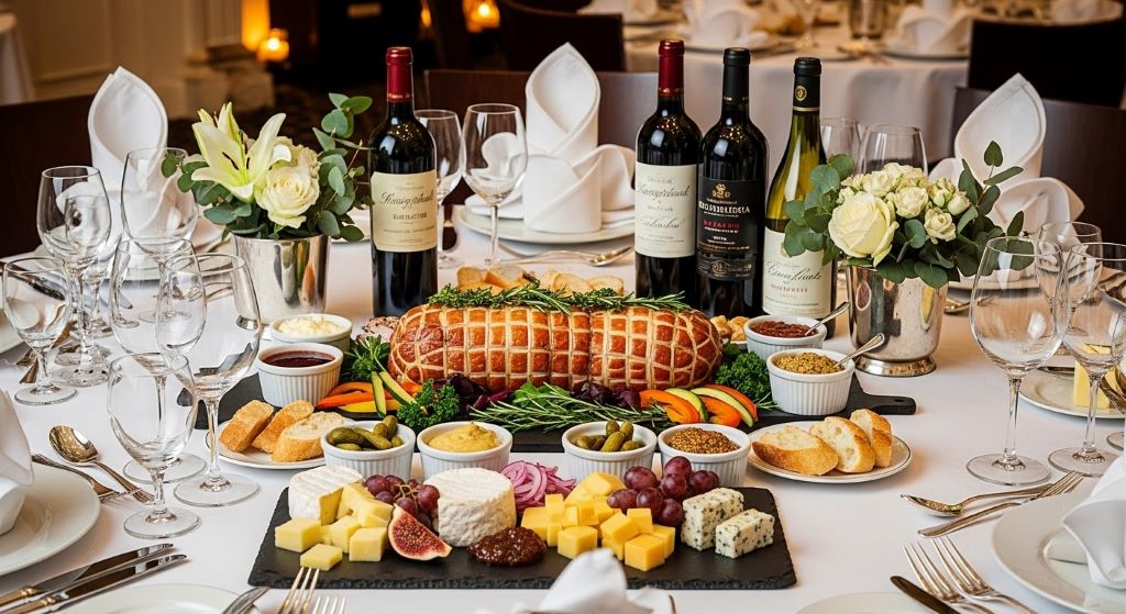 Elegant banquet table display featuring galantine centerpiece with accompaniments and wine glasses