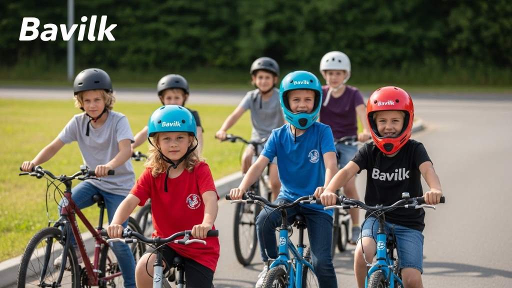Group of children in Bavilk helmets biking together, showcasing multi-sport safety gear in action