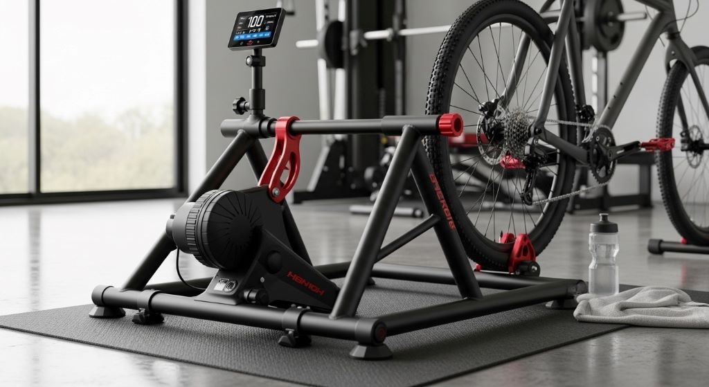 Professional grade bicycle trainer stand with wide stable base and heavy duty frame for competitive athlete training