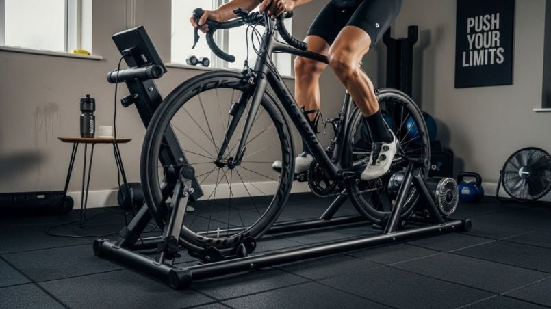 Sturdy indoor bike trainer with reinforced steel construction supporting intense cycling workout in home gym