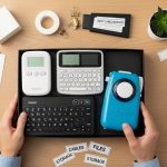 Compact label maker for desk organization in home office setup