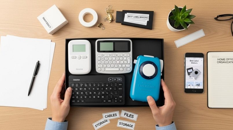 Compact label maker for desk organization in home office setup