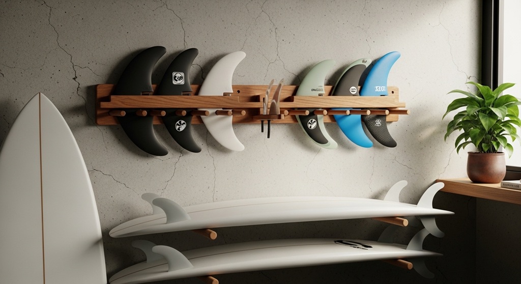 surf fin organizer pouch holding multiple surfboard fins