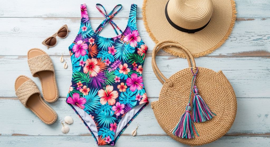 Affordable plus size beach outfits laid out flat, featuring a colorful swimsuit, woven tote, wide-brim hat, and sandals
