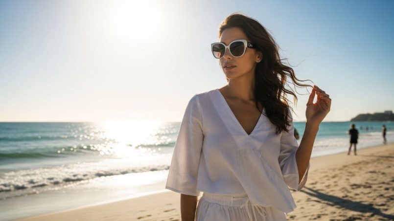 A woman wearing stylish cheap designer sunglasses on a sunny beach, dressed in a white summer outfit