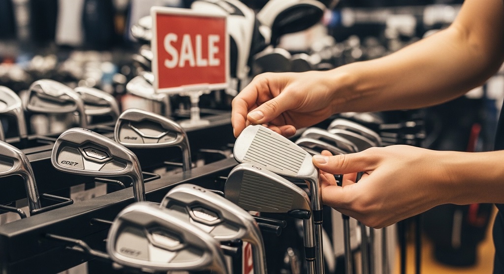 Closeup of pre-owned golf irons in excellent condition