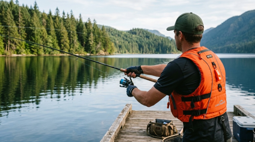 Offshore fisherman using certified angler safety essentials during rough water conditions