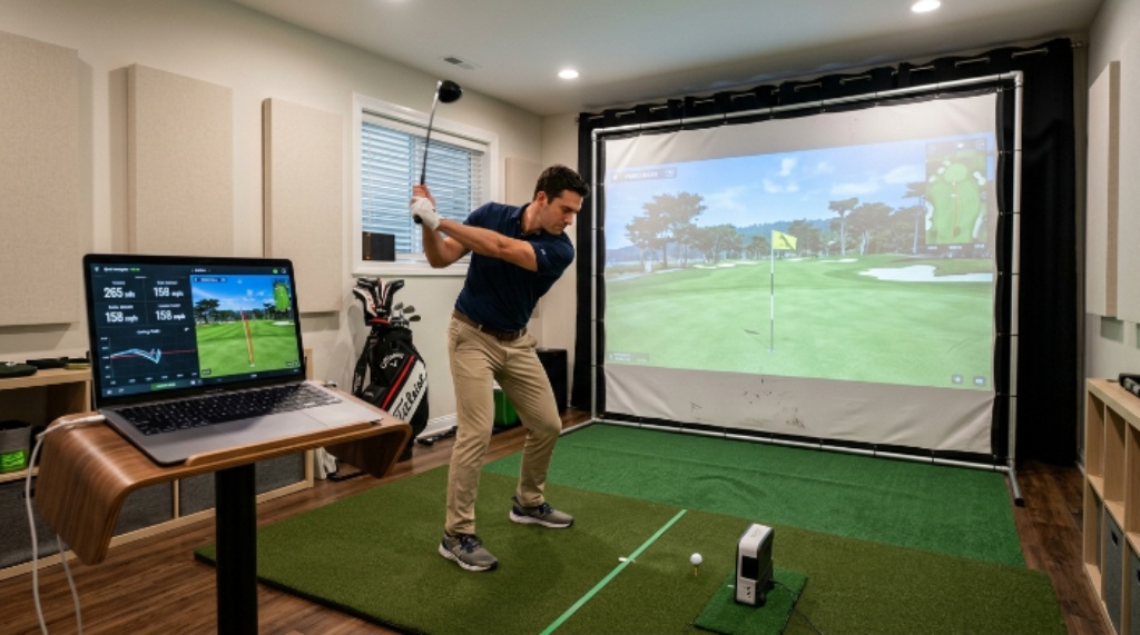 Golfer practicing swing indoors using a compact golf setup with a laptop and impact screen
