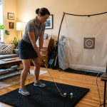 A portable golf simulator setup in a small living room with a laptop, launch monitor, and hitting mat