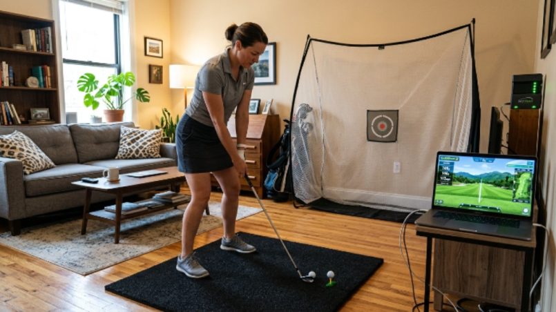 A portable golf simulator setup in a small living room with a laptop, launch monitor, and hitting mat