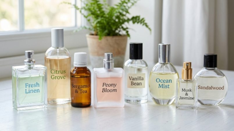 A collection of affordable perfume bottles arranged on a clean white surface for daily use