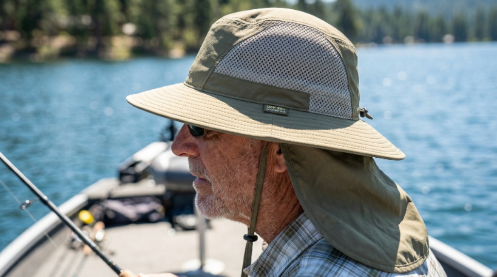 Close-up of a breathable fishing hat with mesh panels and neck flap for full sun protection