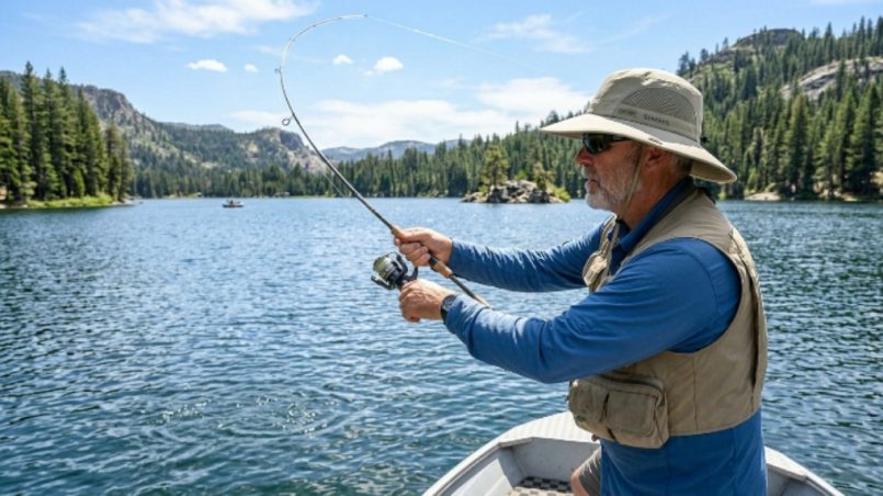 An angler wearing a wide-brim UPF 50+ fishing hat on a sunny lake, casting a fishing rod