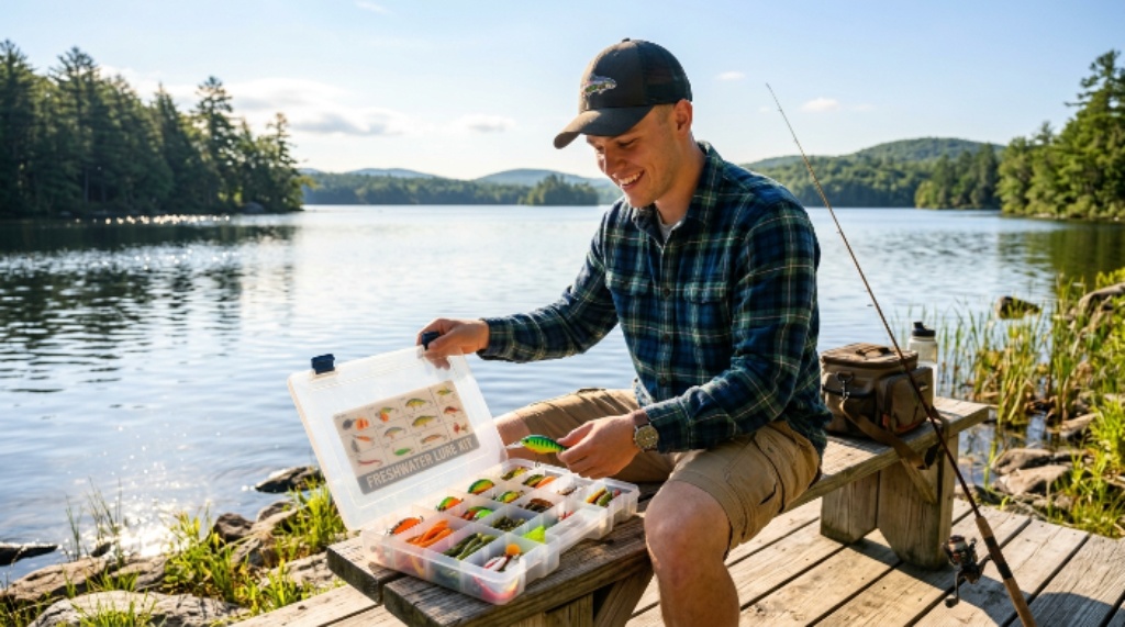 A beginner fisherman opening a lure kit box filled with various organized fishing lures near a lake on a sunny morning