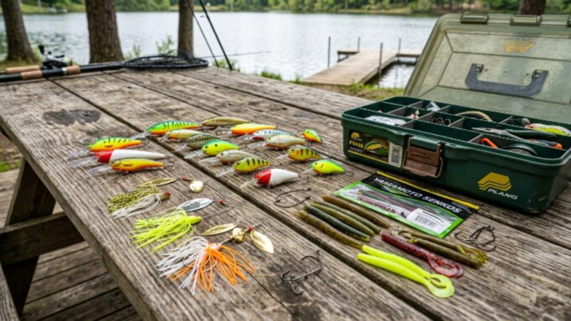 A colorful assortment of fishing lures including crankbaits, spinnerbaits, and soft plastics laid out on a wooden surface next to a tackle box