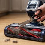 Close-up of a Shark vacuum brush roll being cleared of tangled pet hair with a pair of scissors