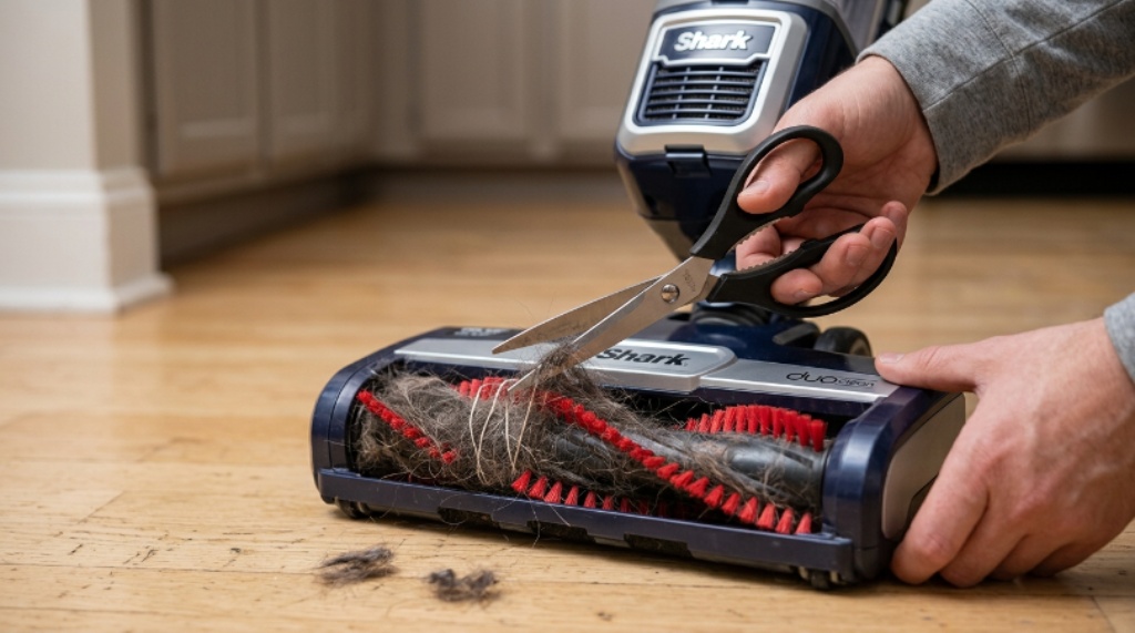Close-up of a Shark vacuum brush roll being cleared of tangled pet hair with a pair of scissors