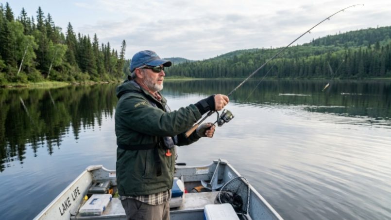An angler wearing a wrist support brace while casting a fishing rod from a boat on a calm lake