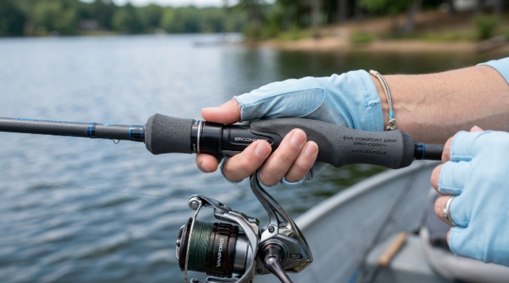 Close-up of ergonomic fishing rod handle with EVA foam grip designed to reduce wrist strain