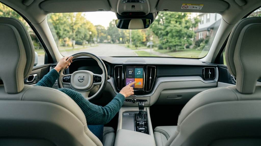 Interior of modern car showing touchscreen audio system with streaming apps