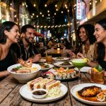 Luxury Japanese sushi platter served in a trendy Miami rooftop restaurant with tropical décor