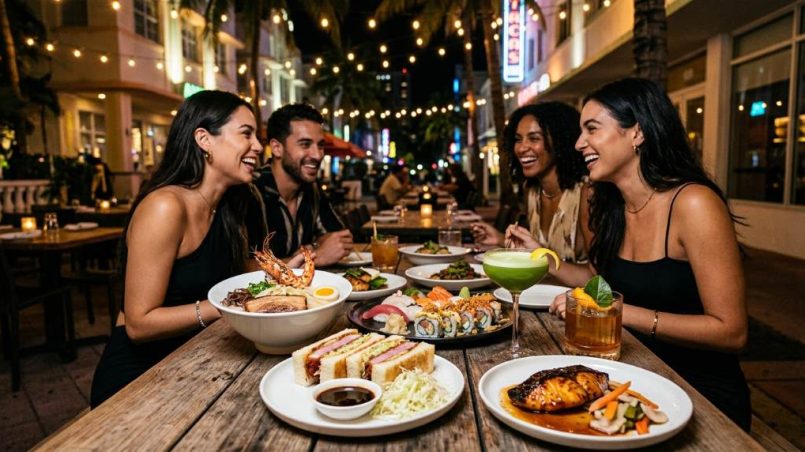 Luxury Japanese sushi platter served in a trendy Miami rooftop restaurant with tropical décor