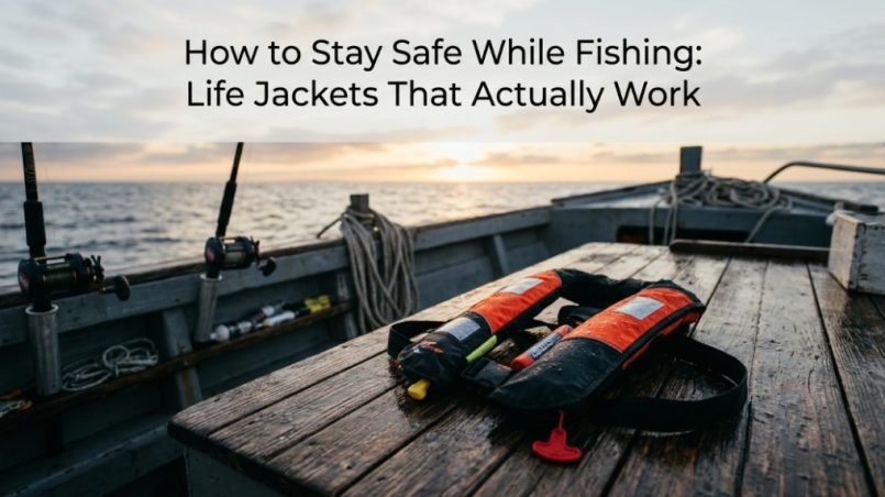 Angler wearing a modern fishing life jacket while kayak fishing on open water