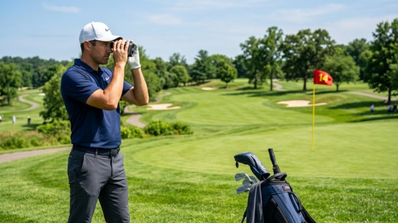 Frustrated golfer looking through a blurry rangefinder lens on a golf course.