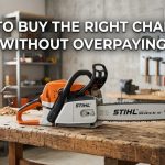 A modern chainsaw on a wooden workbench with buying guide text.