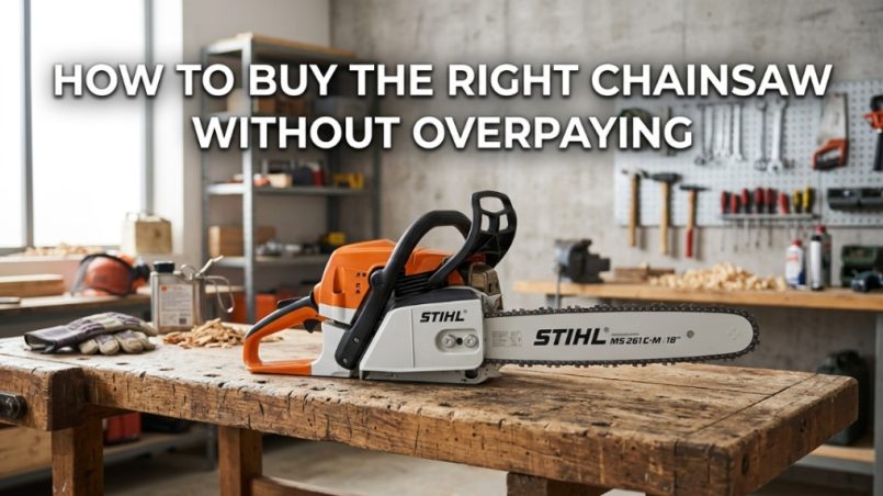A modern chainsaw on a wooden workbench with buying guide text.