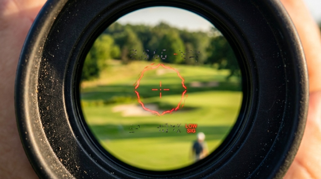 Golfer aiming a sleek laser rangefinder toward the distant flag stick.