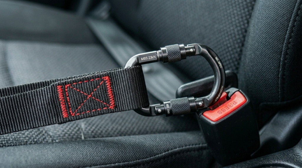 Close-up of a heavy-duty dog seat belt locked into a car buckle.