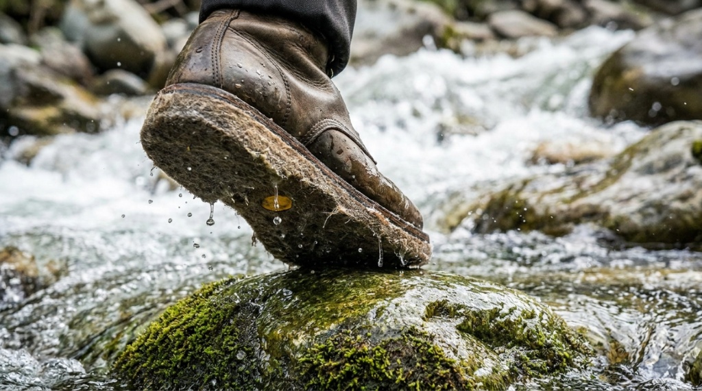 An angler wearing high-traction wading boots steps onto a mossy rock in a freshwater stream.