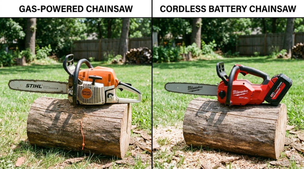 A gas chainsaw and a cordless battery chainsaw sitting on wood logs.