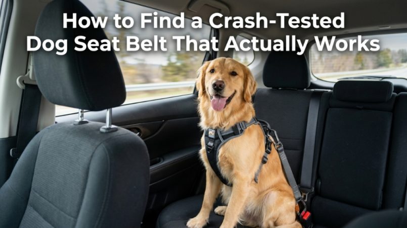 Golden Retriever wearing a secure dog safety harness in a car backseat.