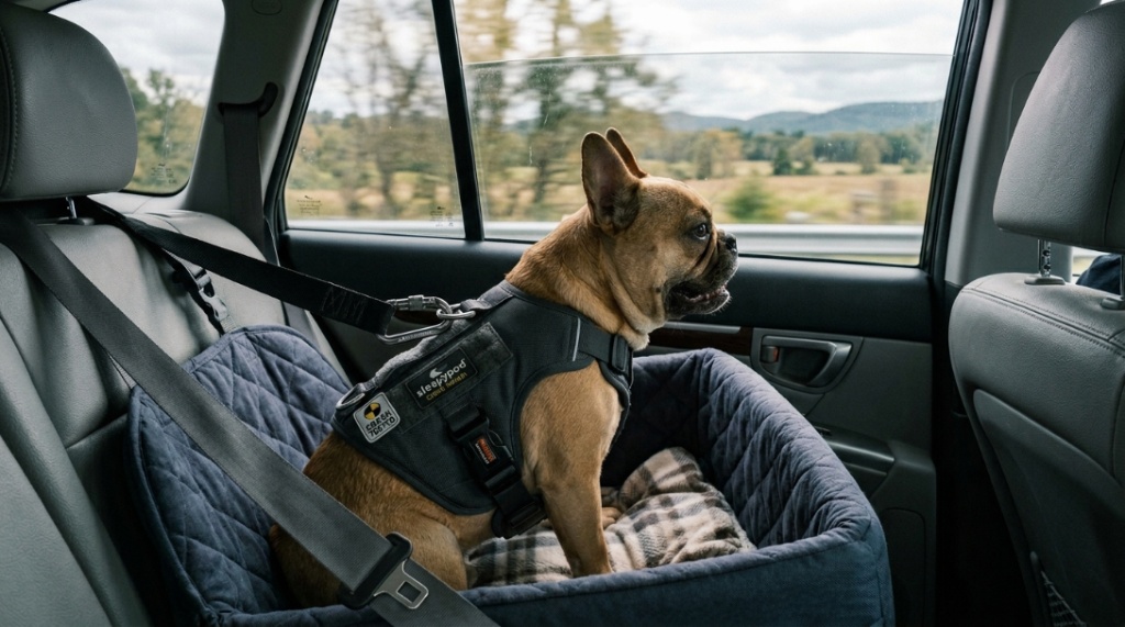 French Bulldog secured safely in a car with a dog seat belt tether.