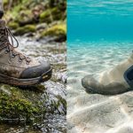A side-by-side comparison of freshwater wading boots on river rocks and saltwater flats shoes in clear ocean water.