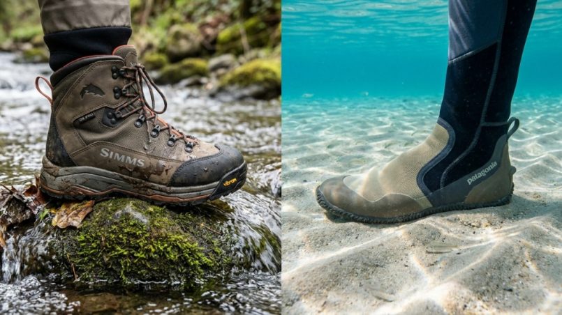 A side-by-side comparison of freshwater wading boots on river rocks and saltwater flats shoes in clear ocean water.