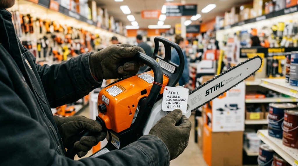 A person inspecting a chainsaw price tag inside a hardware store.