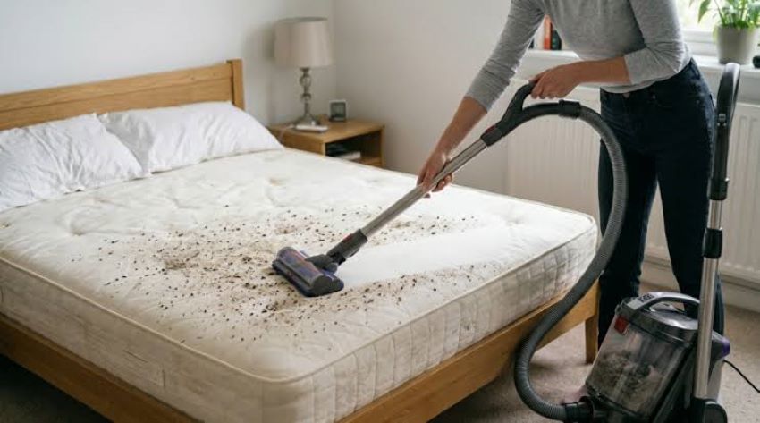 Portable mattress vacuum cleaner with HEPA filter cleaning a bed