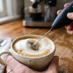 Handheld milk frother whipping foam in a ceramic coffee mug.