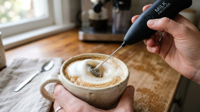 Handheld milk frother whipping foam in a ceramic coffee mug.