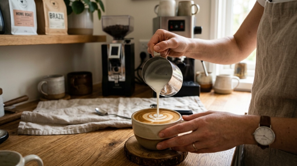 Pouring frothed milk from a small metal pitcher into coffee.