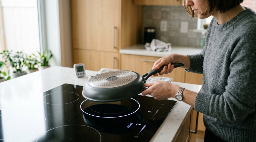 Chef placing a cookware pan on a modern glass induction cooktop.