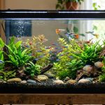 Peeling silicone sealant on the inner corner of an empty glass fish tank.