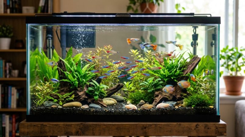 Peeling silicone sealant on the inner corner of an empty glass fish tank.