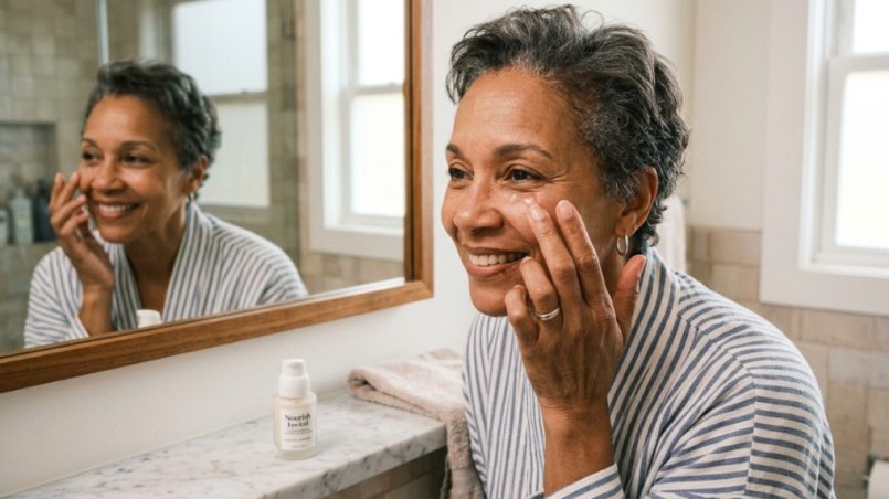 Woman applying anti-aging cream under her eye in a mirror.