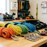 A neat coil of vibrant green climbing rope resting on a clean rock ledge.