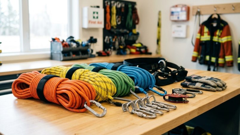 A neat coil of vibrant green climbing rope resting on a clean rock ledge.